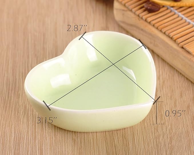 WHJY Green Love Heart Shaped Ceramic Side Dish Bowl, Contemporary Porcelain Side Dishes Bowl, Seasoning Dishes Soy Dipping Sauce Dishes for Wedding Birthday Party- Set of 6