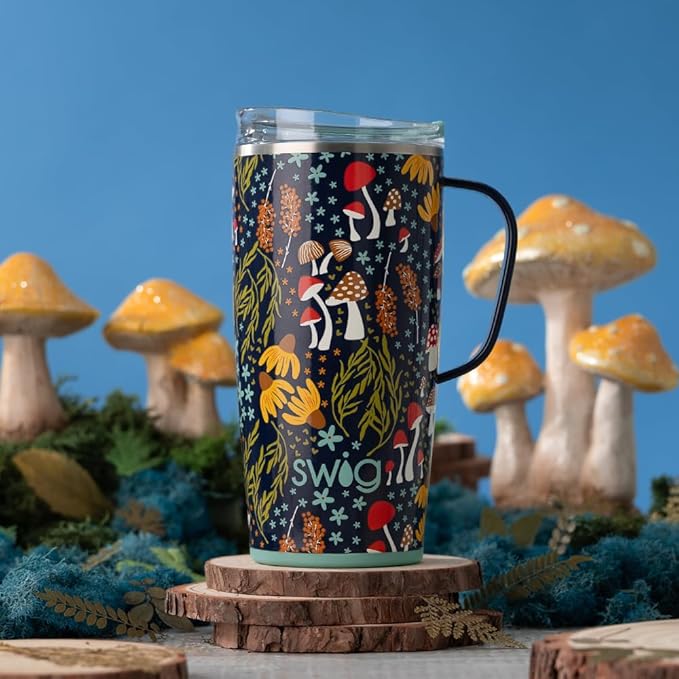 Swig Life 22oz Travel Mug, Insulated Tumbler with Handle and Lid, Travel Coffee Mug, Cup Holder Friendly, Stainless Steel 22 oz Tumbler, Reusable Insulated with Lid (Mushroom Meadow)