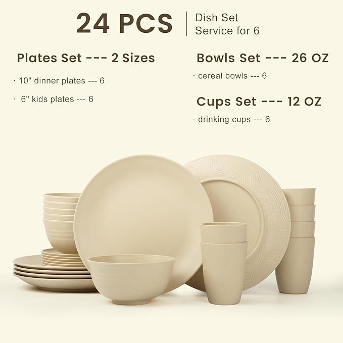Homienly 24 PCS Premium Wheat Straw Dishes Set for 6, Reusable Plates and Bowls Sets,Cups,Lightweight & Unbreakable Dishwasher and Microwave Safe Dinnerware Sets for Kitchen,Outdoor- Beige