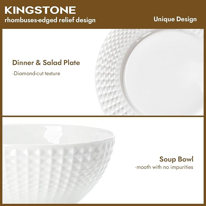 KINGSTONE Bone China Dinnerware Set, 18-Piece White Lightweight Porcelain for 6, Plates and Bowls with Rhombus patterned edge design, Microwave and Dishwasher Safe, for Family, Restaurant, Gifting