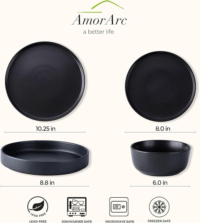 AmorArc Stoneware Dinnerware Sets with Pasta Bowl Set, Reactive Ceramic Plates and Bowls Set, Highly Chip and Crack Resistant | Dishwasher & Microwave Safe | Round Dishes Set Service for 4 (16pc)