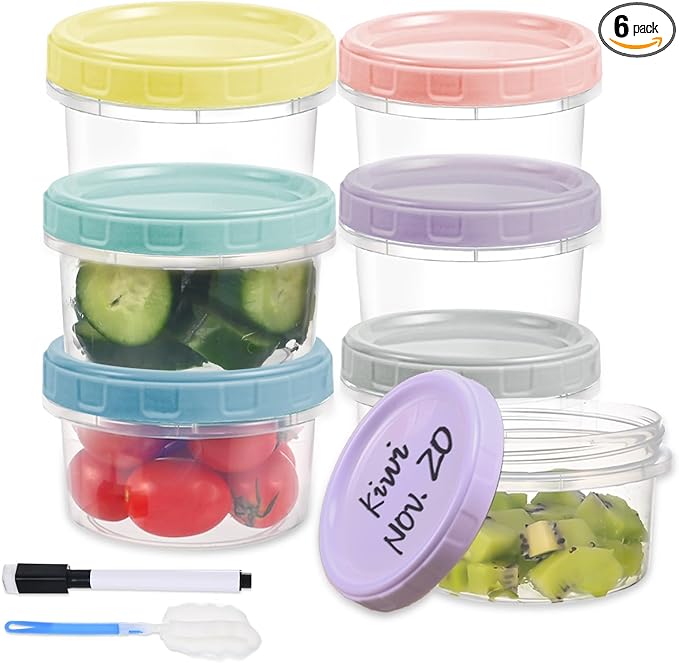6pcs 8 oz Plastic Containers with Screw Lids, Reusable Clear Food Storage Containers with Pen and Brush for Snack Salad Fruit, Leakproof Small Freezer Containers, Microwave & Dishwasher Safe