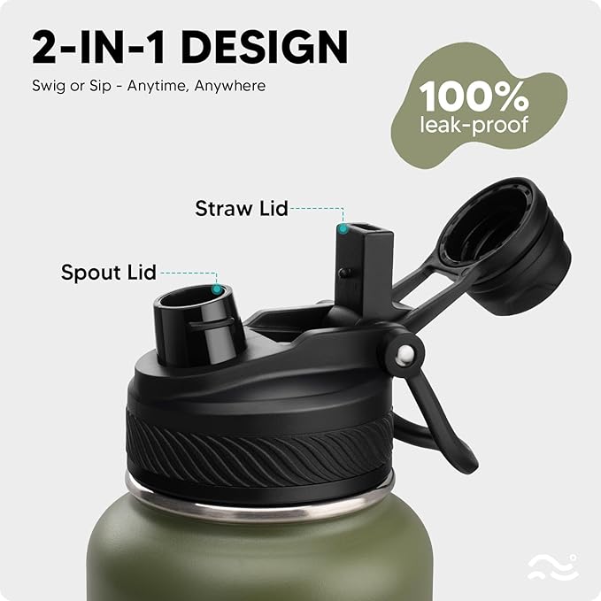 [2-IN-1 LID] Insulated Water Bottle with Silicone Boot (36hrs Cold/18hrs Hot) - DIY Stickers, Leakproof, BPA Free, 32 oz
