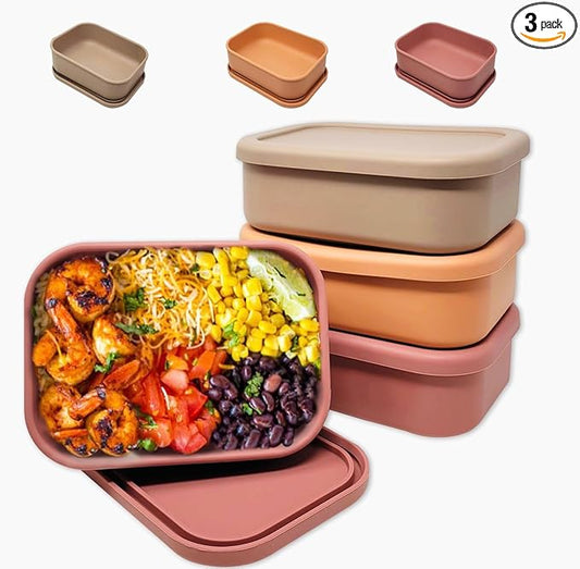 Perfect Portion 3-Pack Silicone Bento Boxes - Leakproof, Single-Compartment Lunch Containers, BPA-Free, Dishwasher, Oven & Fridge Safe, Dry Erase Marker Friendly - Tan, Pink, Orange