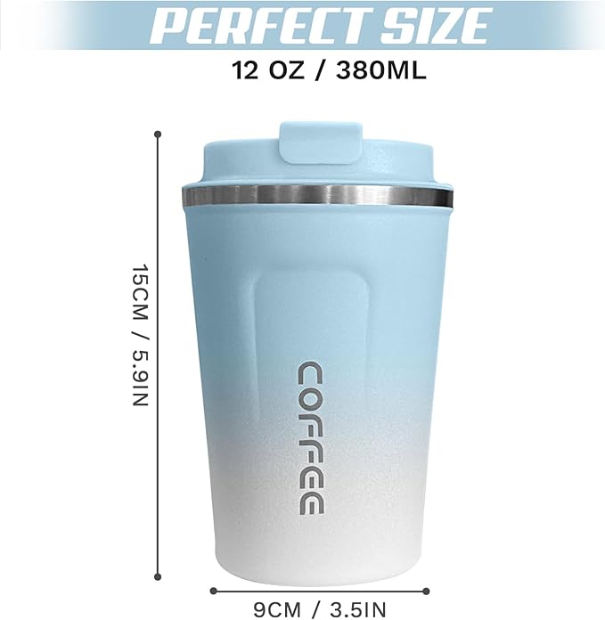 Travel coffee mugs leak-proof, reusable coffee cups with lids, stainless steel vacuum thermos coffee tumblers,thermal insulation cups for men and women hot & cold drinks (2nd-Blue White, 12OZ)