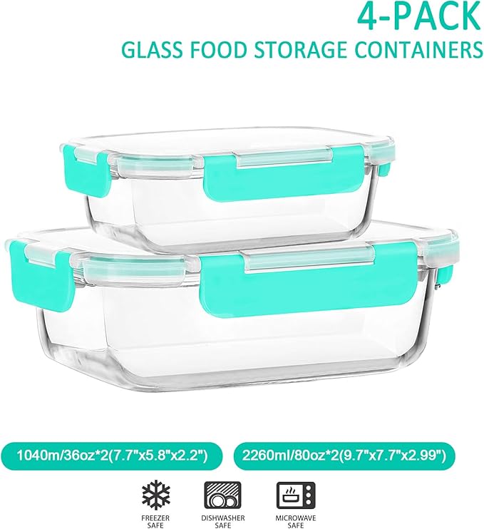 [80 oz & 36 oz]Extra Large Glass Food Storage/Baking Containers Set with Lids, 2 Pack 80 oz(10 cup)&2 Pack 36 oz (4.5 cup)Airtight Glass Container,Microwave,Oven,Freezer and Dishwasher, Green