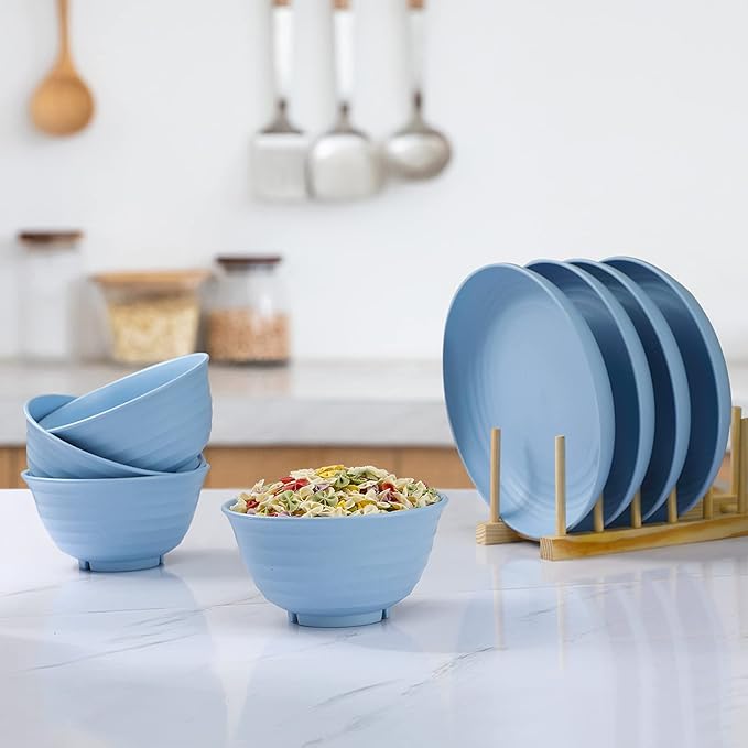 12pcs Plastic Wheat Straw Dinnerware Sets Service for 4, Cups, Plates and Bowls Sets Microwave Dishwasher Safe Lightweight