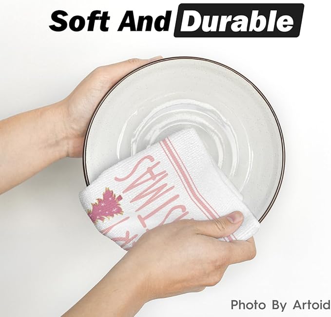 Artoid Mode Pink Xmas Tree Merry Christmas Kitchen Towels Dish Towels, 18x26 Inch Farmhouse Star Holiday Winter Decoration Hand Towels Set of 2