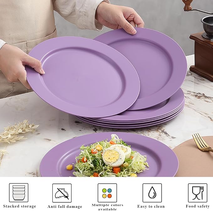 Berglander Plastic Plates Set of 8 Pieces 10", Purple Reusable Flat Dinner Plates, Salad Plates, Pasta Bowls, Dishes Set Easy to Carry for Home, Garden, Picnic, Camping, Outdoor