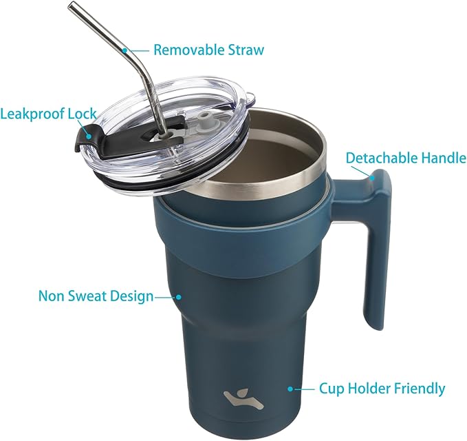 40 oz Tumbler with Handle and 2 Straw 2 Lid, Insulated Water Bottle Stainless Steel Vacuum Cup Reusable Travel Mug, Navy Blue