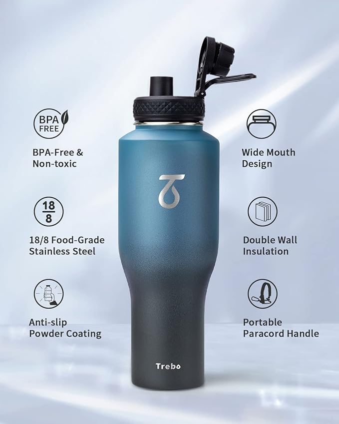 Trebo 40 oz Water Bottle Insulated Fit in Any Car Cup Holder,Triple Wall Vacuum Insulated Water Bottle (Cold for 48 Hrs, Hot for 24 Hrs),Leakproof Stainless Steel Tumbler Flask with Paracord Handle