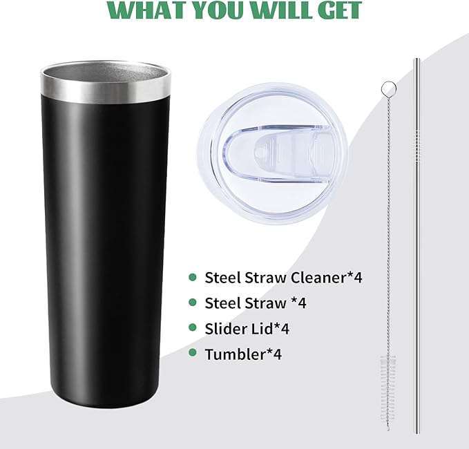 20 oz Skinny Tumbler with Lid and Straw,Stainless Steel Vacuum Insulated Tumbler Cup Double Wall Leak-proof Coffee Mug,Travel Thermal Water Tumbler for Office,Outdoor (Black/White/Navy blue/Grey)