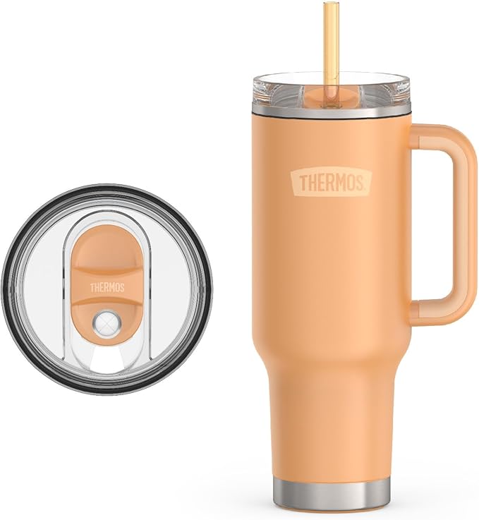 THERMOS Stainless Steel Cup Holder Mug - 40 Ounce, Melon - Insulated Tumbler with Lid and Straw, Plus Leak-Resistant Slide Lock
