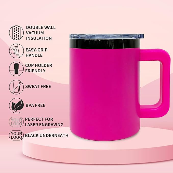 10 oz Tumbler with Handle and Straw Stainless Steel Insulated Coffee Mug for Laser Graving 20oz Powder Coated Cup with Black Plated(Rosy,1 pack)