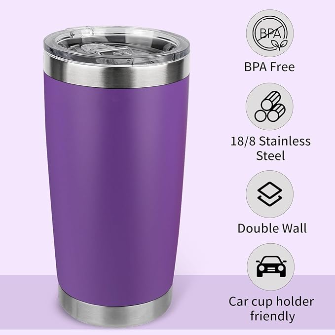 20oz Stainless Steel Tumbler Bulk with Lid, Travel Mug - Double Wall Vacuum Powder Coated Cup - Purple, 6 Pack