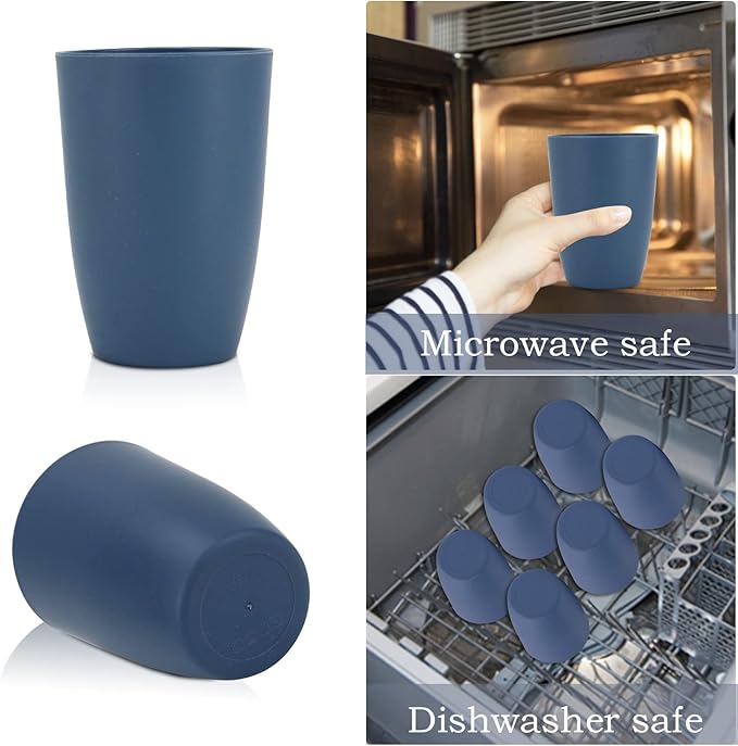 Wrova Wheat Straw Cups 6 PCS Good Alternative to Plastic Reusable Cups 20 oz Unbreakable Drinking Cup Reusable Dishwasher Safe Water Plastic Glasses Navy Blue