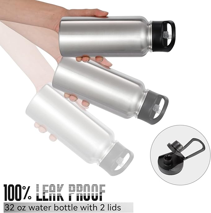 32 oz Insulated Water Bottle with Straw Lid & Wide Mouth Lids, Stainless Steel Sports Water Bottles, Double Walled Vacuum, Leak Proof, Stainless Steel