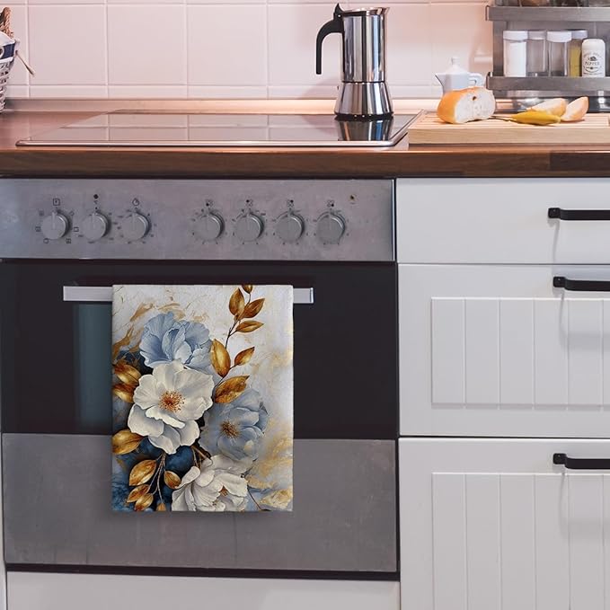 Retro Floral Kitchen Towels Decorative Set of 2, Absorbent Golden Dish Towels for Kitchen Drying, Cute Tea Towels Hand Towels for Kitchen Bar Bathroom Decor,Housewarming Gifts for Women