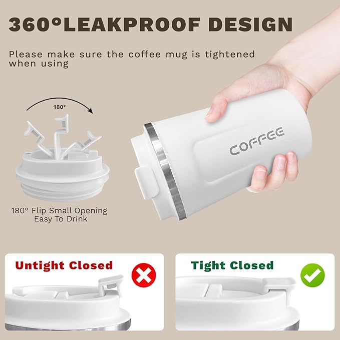 Travel coffee mugs leak-proof, reusable coffee cups with lids, stainless steel vacuum thermos coffee tumblers,thermal insulation cups for men and women hot & cold drinks(2nd-White, 17OZ)