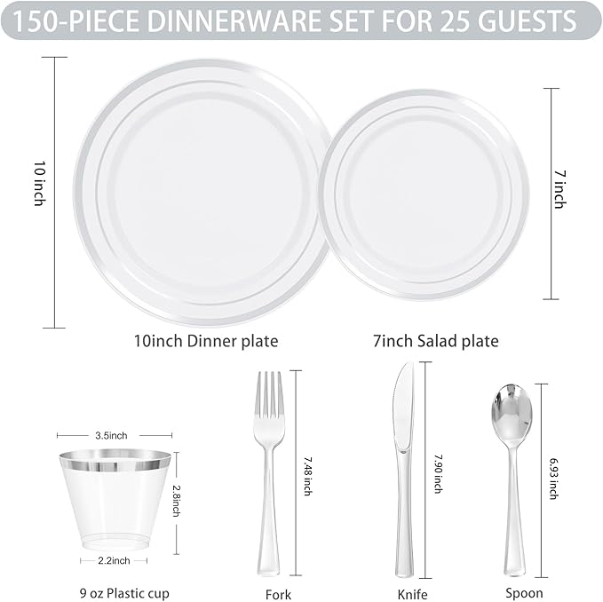 150 PCS Silver Disposable Dinnerware Set for 25 Guests, Silver Plastic Plates for Party, Including 25 Dinner Plates, 25 Salad Plates, 25 Cups, 25 Forks Knives Spoons for Wedding and Party Supplies