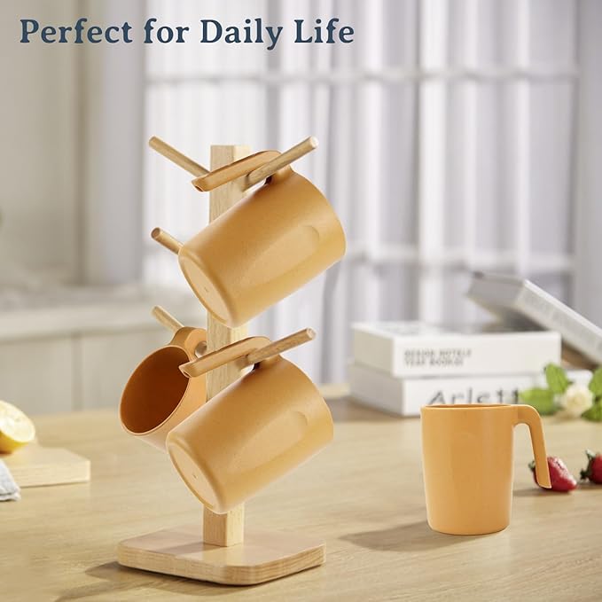 Wrova 16oz Wheat Straw Cups with handles set of 6-Plastic Cups Reusable-Unbreakable Kids Mugs-Dishwasher Safe & Microwave Safe-Ideal Mugs for Tea,Coffee,Camping,RV-Banana Yellow