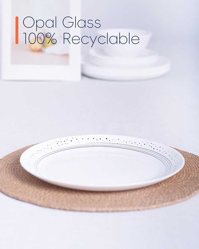 10.5 inch Dinner Plate Set of 6, Lightweight Round Opal Glass Dinnerware Plates, Dishwasher and Microwave Safe, Black Modern Speckled Design