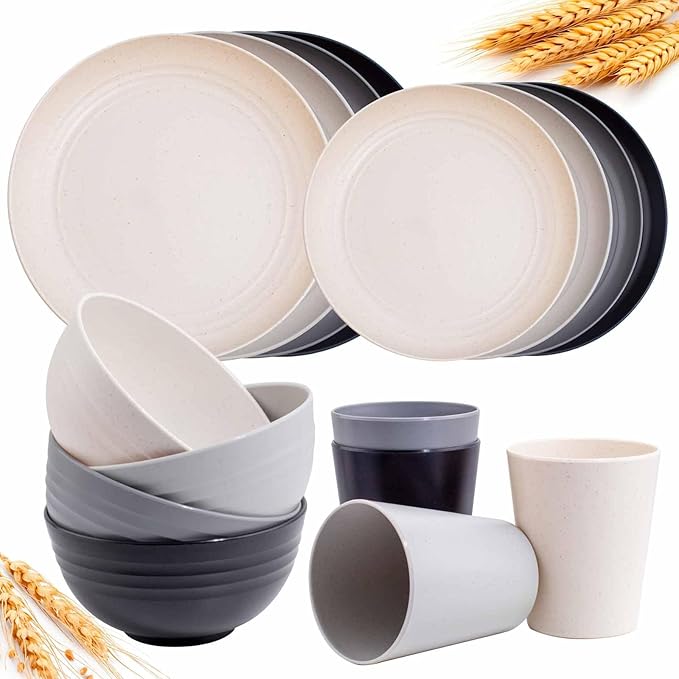 Rubtlamp Wheat Straw Dinnerware Sets, 16PCS Plastic Dinnerware Set for 4, Wheat Straw Plates and Bowls Sets, Unbreakable Dinnerware Plastic Microwave Safe Dishes Set for Kitchen&Camping