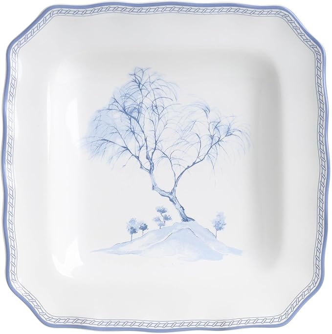 222 Fifth 12-Piece Porcelain Dinnerware Set for 4, Glossy White Plates and Bowls Set with Blue Decal, Elegant Square Ceramic Dish Set, Kitchen Tableware, Microwave & Dishwasher Safe, Scenic Toile