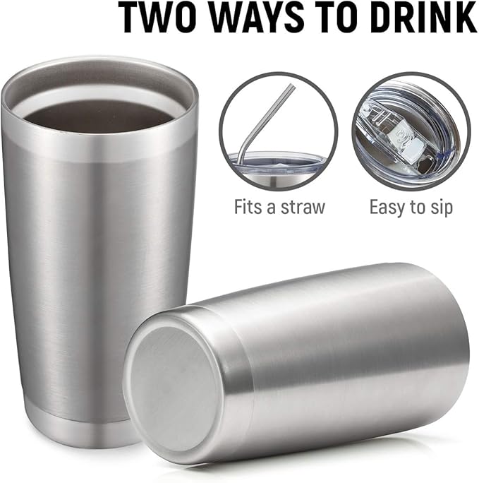 COMOOO 20oz Stainless Steel Tumbler Bulk Double Wall Vacuum Coffee Cup Insulated Travel Mug with Lid and Straw Durable Powder Coated Insulated Coffee Cup for Cold & Hot Drinks (silver, 4 pack