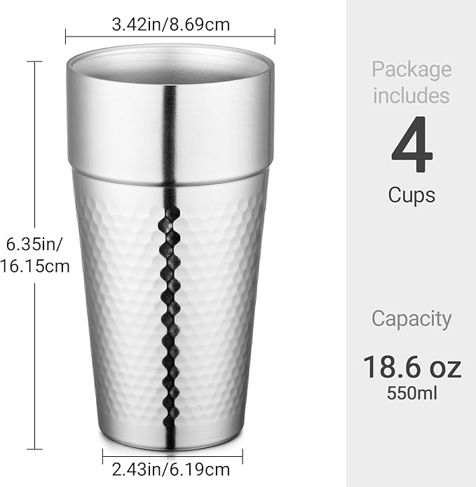 Beasea Stainless Steel Cups 19 oz, 4 Pack Large 18.6oz 550ml Stainless Steel Tumbler Stackable Double Wall Insulated Metal Drinking Glasses for Home Restaurant Office Party Camping