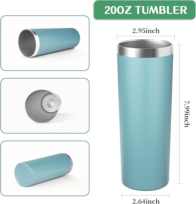 20 oz Skinny Tumblers with Lid and Straw,Stainless Steel Vacuum Insulated Tumbler Cup Double Wall Travel Coffee Mug, Thermal Water Tumbler for Hot and Cold Drinks(Glacier blue,4)