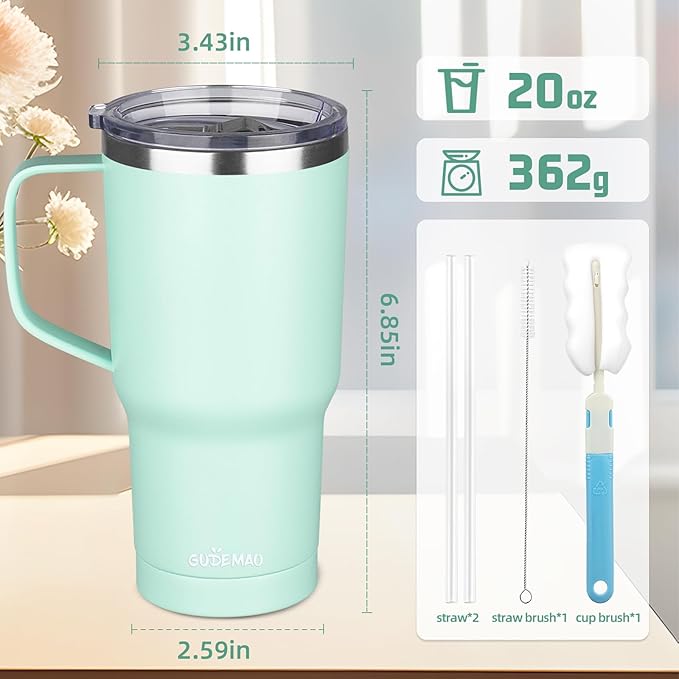 20 oz Insulated Coffee Mug with Ceramic Coating, Stainless Steel Travel Mug Tumbler with Handle Lid and Straw, Double Wall Leak-Proof Coffee Travel Mug Keeps Drink Hot and Cold (Green)