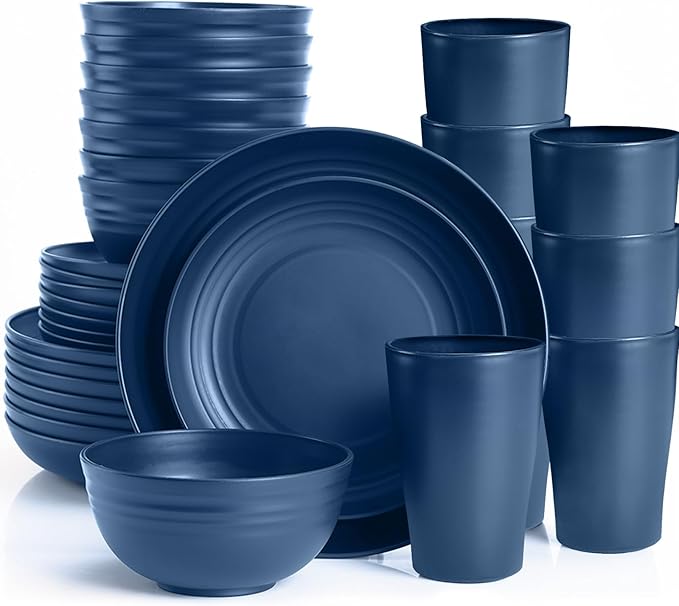 Blue Dinnerware Sets for 8,Blue Plates and Bowls Sets Plastic,Wheat Straw Dinnerware Sets Unbreakable Microwave Safe Lightweight,32 Pcs Dishes Set for 4th of july Apartment Essentials Dorm