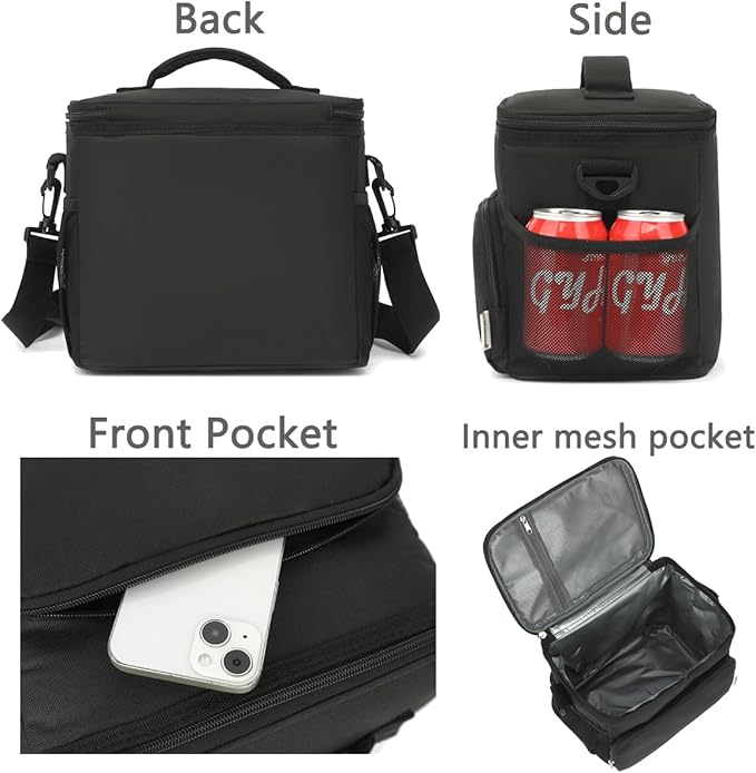 Unisex Insulated Lunch Bag, Black, 10.2 x 7.5 x 9 inches, Durable Oxford Fabric, PEVA Lining, 3+ Years