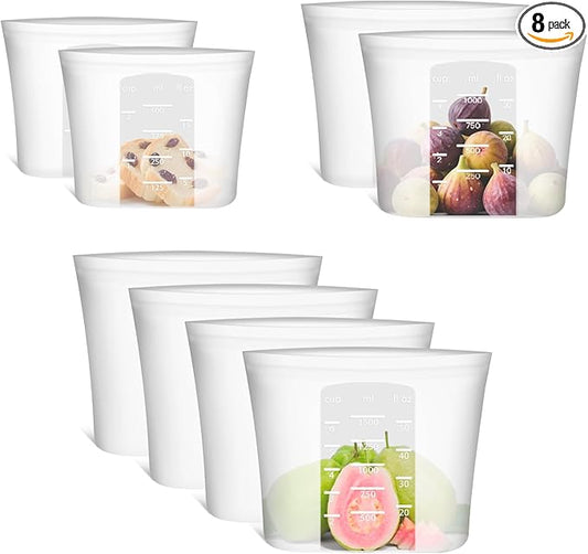 8-Pack Reusable Silicone Food Storage Bags, 100% Silicone Stand-Up Wide-Open Zip-Lock Reusable Storage Bags for Food, Freezer Microwave Oven Dishwasher Safe, Translucent, 4L 2M 2S