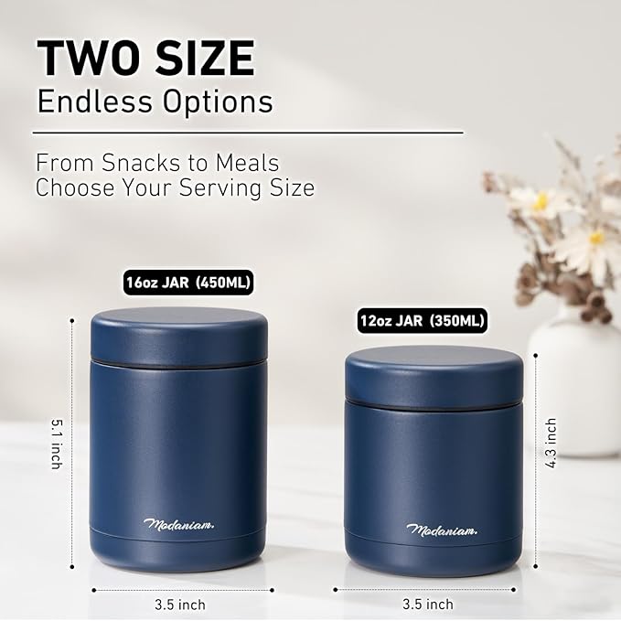 Stainless steel Insulated Food Jars set (16Oz + 12 OZ) wide mouth, Insulated Lunch Containers,Insulated food container, Hot Food Lunch Container, Hot Lunch Box - Midnight Navy