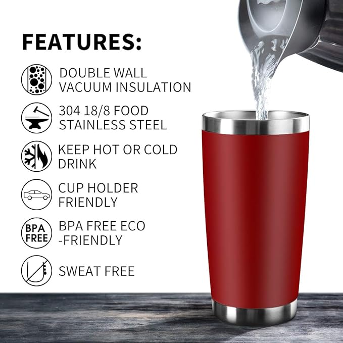 20oz Tumbler Bulk Stainless Steel Vacuum Insulated Tumblers with Lid Double Wall Travel Mug, Durable Powder Coated Coffee Cup, Suitable for Ice Drinks and Hot Beverage (Red 12pack)