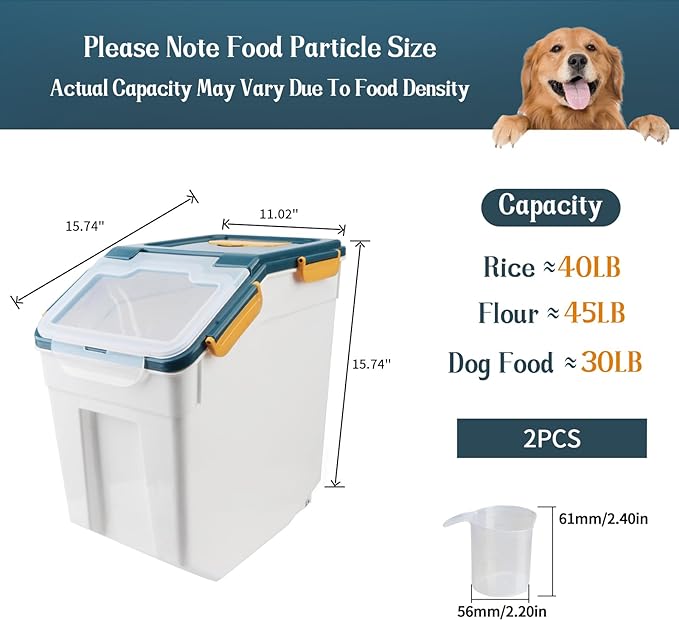2 Pack Rice Storage Container with Measuring Cup 50 lb Flour Storage Container with Wheels, BPA Free Food Storage Container Dog Cat Food Bin Set for Dry Food Sugar, Cereal(Blue)