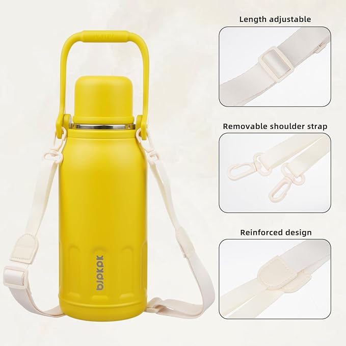 BJPKPK Insulated Thermal Water Bottle Double Wall with Handle and Lid 50oz Stainless Steel Water Bottles for Cold and Hot Beverages,Yellow
