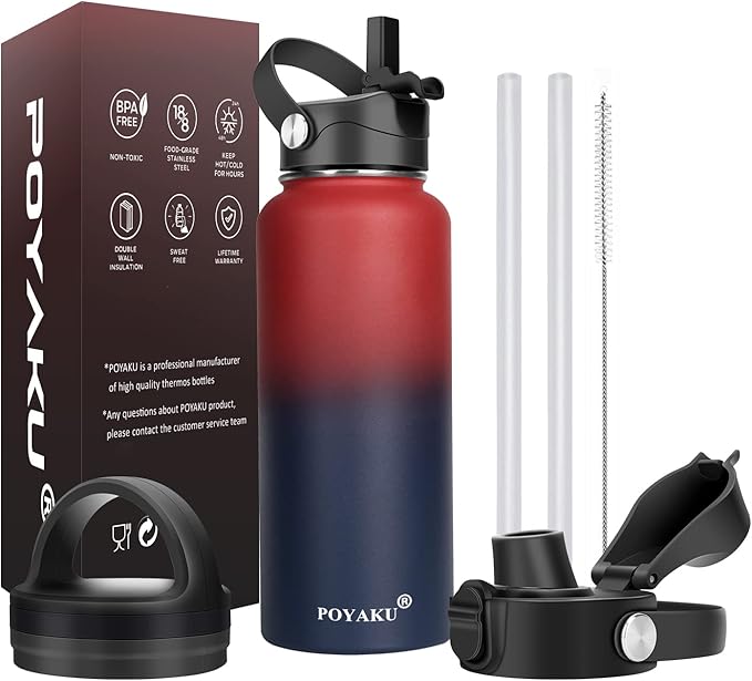 Water Bottle Insulated 32oz 40oz 64oz 128oz Straw Lid Spout Lid & 3 Lids, Leak Proof, Vacuum Insulated,Stainless Steel Water Bottle Wide Mouth for Sports, Gym or Office