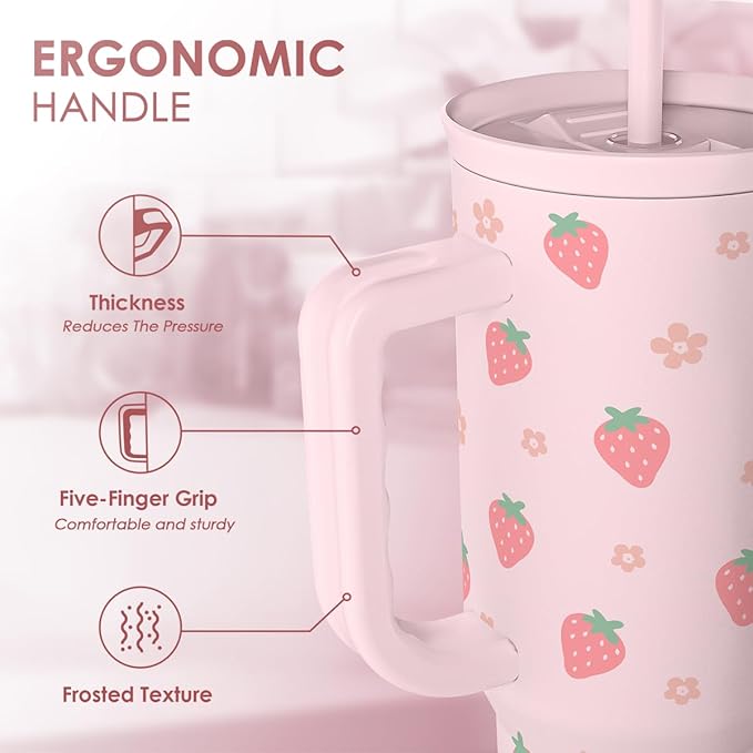 Strawberry Tumbler with Handle 40oz – Insulated Stainless Steel Travel Coffee Mug Cup for Girls Women, Gift for Christmas, Birthday