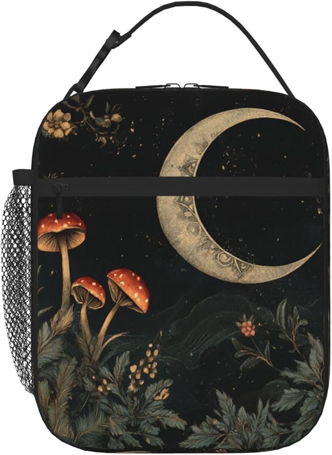 SUPLUCHOM Lunch Bag Botanical Flower Moon Vintage Insulated Bento Box Cooler with Side Pocket for Girl Boy Women Men Work School Picnic Hiking Daytrip