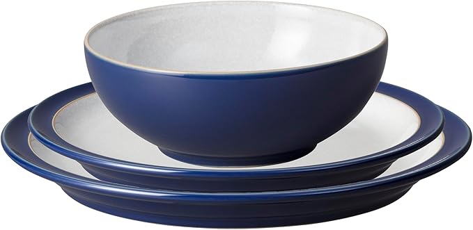Denby - Elements Dark Blue 3 Piece Set For 1 - Contemporary One Person Ceramic Tableware - Dishwasher & Microwave Safe, Scratch Resistant Stoneware - Includes 1 x Large Plate, Side Plate & Cereal Bowl