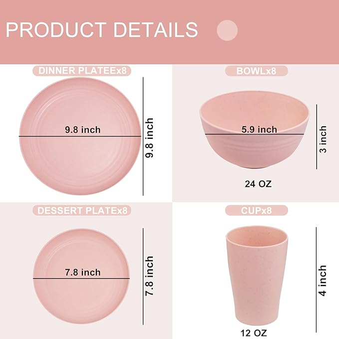 Supernal Pink Wheat Straw Dinnerware Sets,Unbreakable Dishes for 8, Plate and Bowls Sets, Reusable Plates, Microwave Dishwasher Safe Plates,Plastic Dinnerware Set, Pink Plastic Tableware