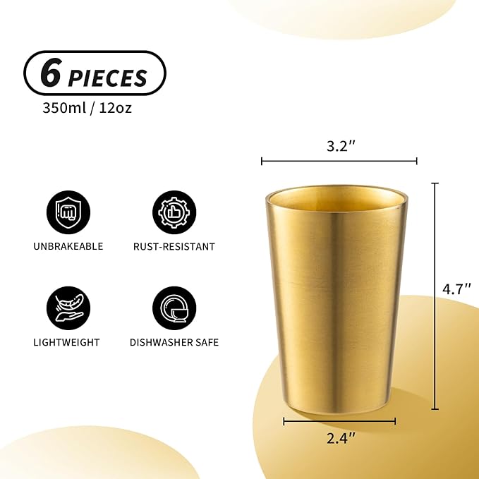 6 Pack 12 oz Stainless Steel Insulated Cup, Double Wall Vacuum Small Metal Cup, Reusable Camping Cups Unbreakable Indoor Outdoor for Party, Home, Office, BBQ, Gold