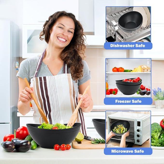 Wrova Big Wheat Straw Bowls,Large Salad Bowls Set of 2,Dishwasher and Microware Safe Plastic Bowls Reusable,Eating bowls for Cereal,Salad,Fruit,Snack. Black