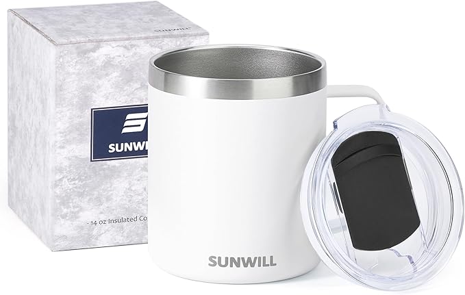 SUNWILL Insulated Coffee Mug with Lid, Travel Tumbler with Handle, 14 oz Stainless Steel Cup for Camping, Office, Home, Powder Coated White