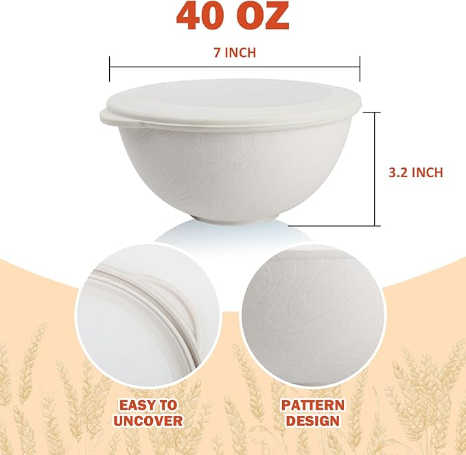 Wrova alternative plastic bowl set with lids,unbreakable wheat straw bowls 40oz suitable for indoors and outdoors,overnight foods container with cover. White