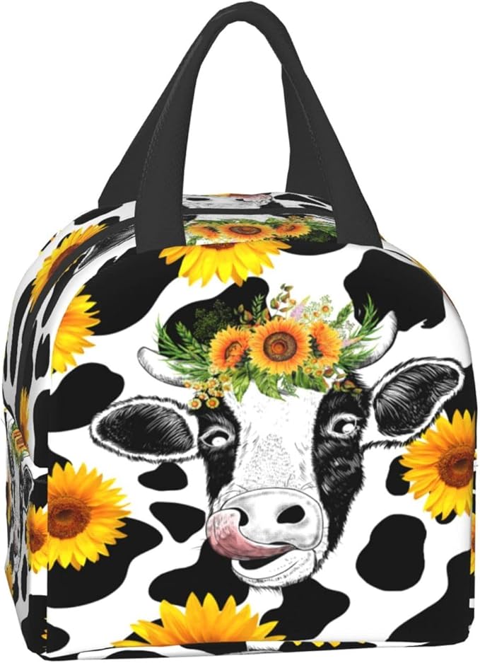 Sunflower Cow Print Portable Lunch Tote Bag Reusable Cute Lunch Box for Men or Women Perfect for office/Camping/Hiking/Picnic/Beach/Travel