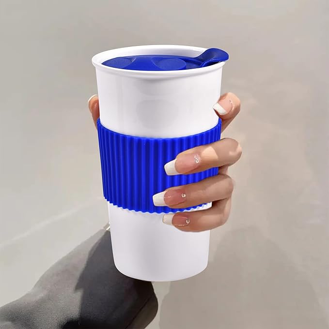 12 oz Travel Coffee Mug, Ceramic Double Wall Insulated Mug No Handle with Splash Resistant Lid & Non-Slip Silicone Sleeve, Travel Must-Have White Coffee Cup, Reusable, Gifts For Women & Men, Blue